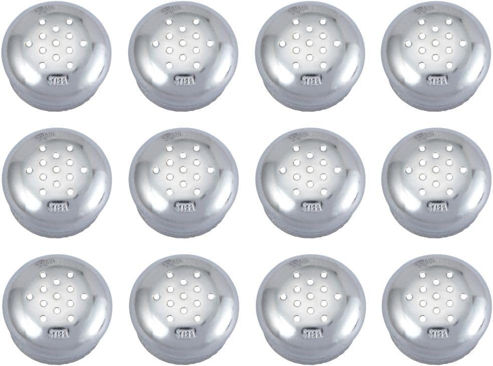 Soro Essentials- Set of 12 Stainless Steel Paneled Shaker Mushroom Top Lids- Fits 1 oz Salt Pepper Shaker Dispenser Pourer Condiment Salt Shakers Spice for Kitchen Restaurants and Catering