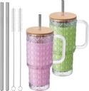 NiHome 2PCS Glass Tumblers with Handles, 26oz Clear Glass Cups with Bamboo Lids & Stainless Steel Straws & Brushes, Spill-Resistant Silicone Rings, Reusable for Iced Coffee, Juice, Water, Travel, Car
