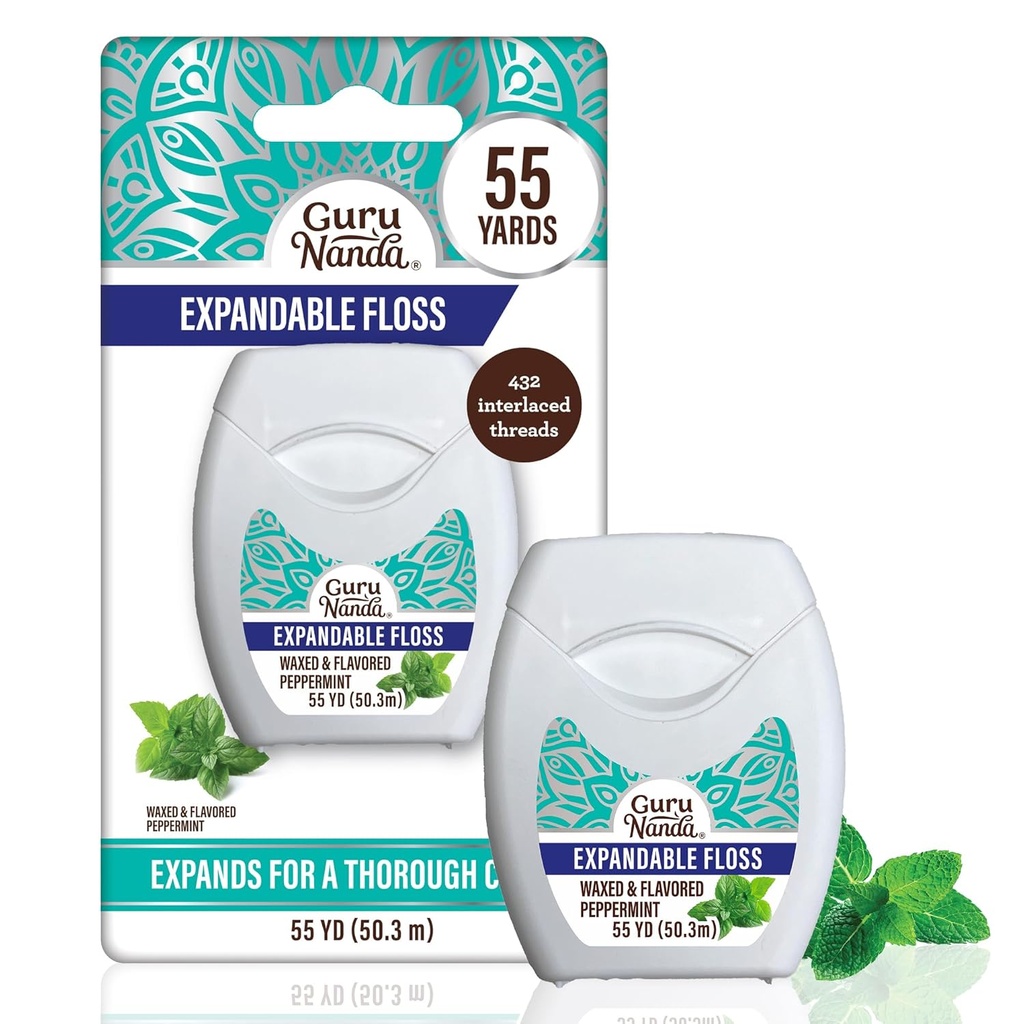 GuruNanda Expandable Waxed Dental Floss for Gentle, Deep Cleaning Wide Teeth Flossing - Peppermint Flavor - 55 Yards