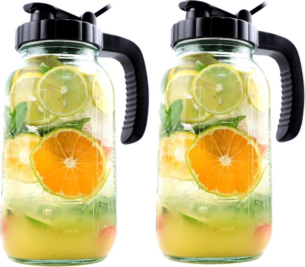 Mason Jar Pitcher 64 Oz 2 Set Sun Tea Glass Jar With Spout 2 Quart Wide Mouth Half Gallon Pitcher For Cold Brew,Fridge Breastmilk Store, Beverage Airtight Ice Tea Coffee Pitcher Water Jug Heavy Duty