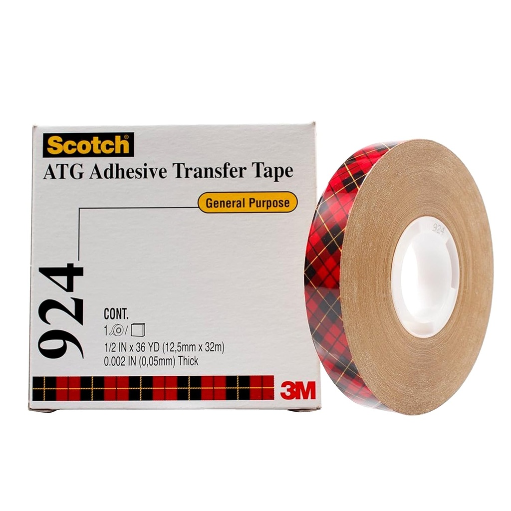 Scotch 924 ATG Adhesive Transfer Tape, 1/2" Width, 60 yd Length, Clear (Pack of 1)