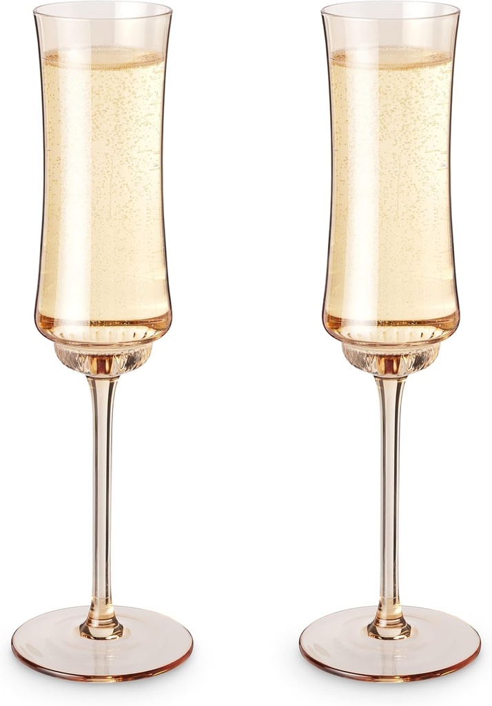 Twine Tulip Champagne Flutes, Gold Amber Tinted Drinking Tumblers Stemmed Prosecco or Sparkling Wine Glasses, Yellow Brown, 7 Oz, Set of 2