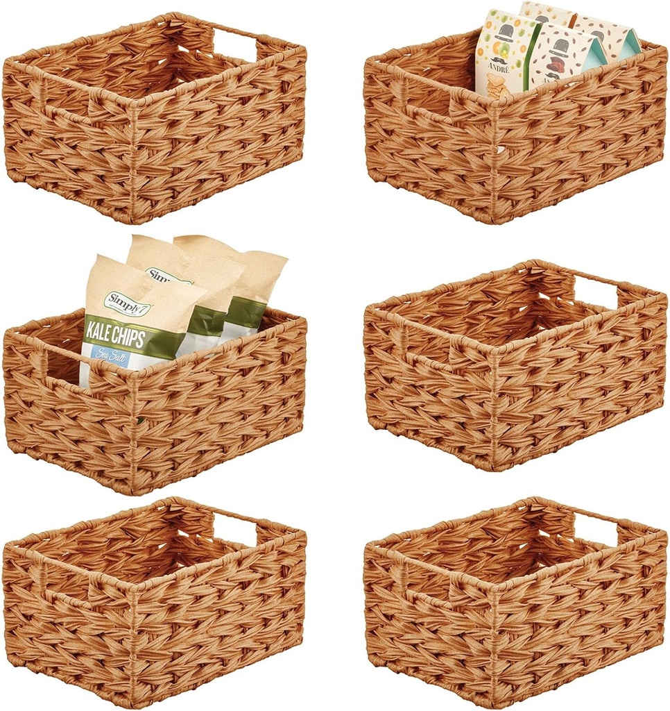 mDesign Woven Farmhouse Kitchen Pantry Food Storage Organizer Basket Bin Box - Container Organization for Cabinets, Cupboards, Shelves, Countertops - Store Potatoes, Onions, Fruit, 6 Pack, Camel Brown
