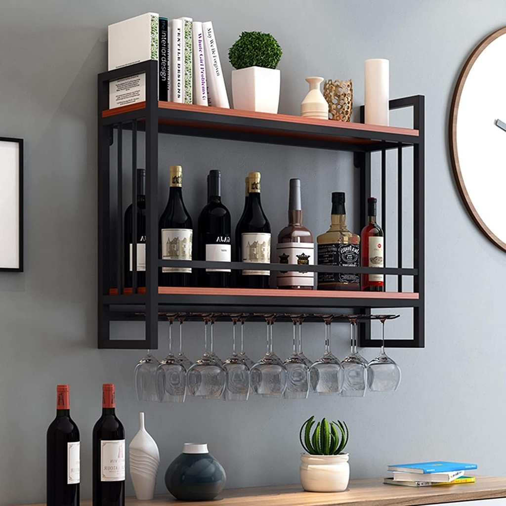 Wine Rack,Bottle Glass Holder,Wall Mounted Wine Display Racks 2 Tier Wood Floating Shelf Goblet Storage Rack for Kitchen Dining Room Wine Cellar Bar