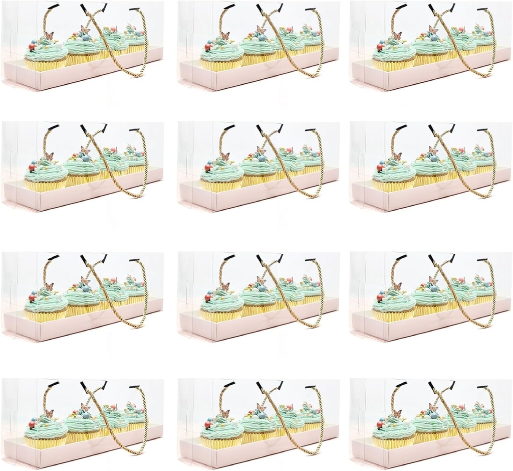 Sparkle and Bash Cupcake Boxes - Clear, 4-Compartment, White Inserts & Gold Rope Handle, 12-Pack, 12.7 x 4.7 x 3.6 In - Cupcake Containers & Bakery Boxes with Handles