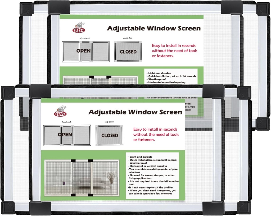 FLYZZZ Adjustable Window Screen (15.74"H x 21-40"W) 2-Pack White Adjustable Screens for Windows with Sturdy Aluminum Mesh– Horizontal Use Only