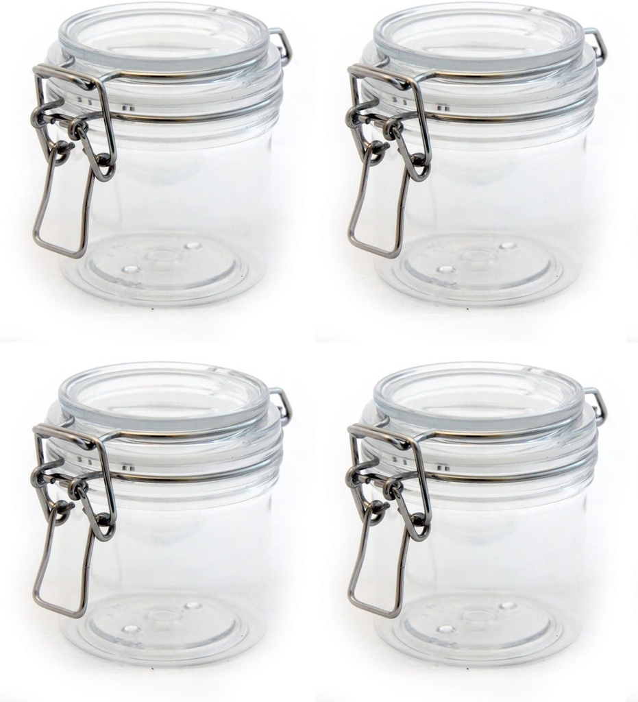 The Grindstone, 200 ml (8 Oz.) PET Plastic Kilner Style Jars, Round Clear Acrylic Storage Jars | Locking Mason Style Canister Lids, Multiple Uses, Airtight Snap on Lids with Clasp, Pack of 4