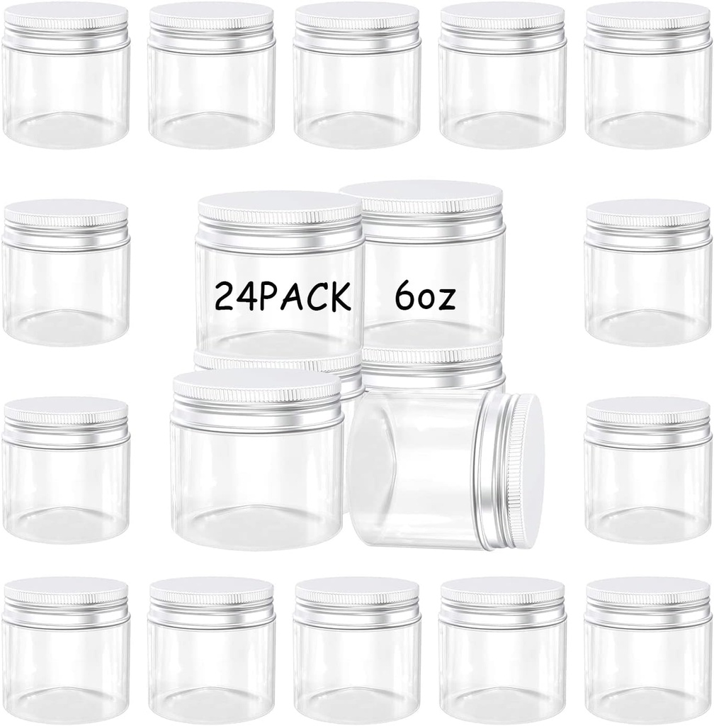 24Pack 6 oz Empty Plastic Jars with Lids - Clear, Wide Mouth, Airtight, Gift & Food Jars for Travel, Home, Kitchen & Slime Making
