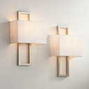 Possini Euro Design Modena Modern Wall Light Sconces Set of 2 Brushed Nickel Silver Hardwired 9 1/2" Fixture Silvery Faux Silk Half Shade for Bedroom Bathroom Vanity Living Room Home Hallway Dining