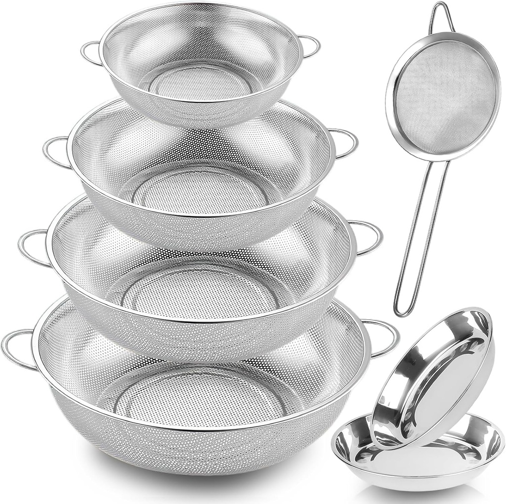 Colander Stainless Steel, 7 Piece Strainers and Colanders Set, Mesh Strainer Net Baskets with Handles, 2 Stainless Steel Plates and Fine Mesh Strainer for Kitchen Food Strain Drain Rinse Cooking