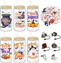 6 Pcs Halloween Glass Cups Tumbler with Silicone Straw Covers 16 oz Iced Coffee Tumbler Mason Jar Glass Cups with Lid and Straw Drinking Glasses Spooky Boo Basket Stuffers for Halloween Party Gift