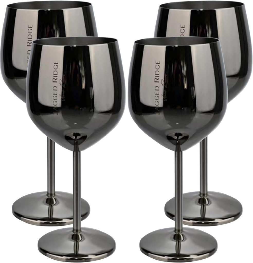 Jagged Ridge Wine Rooms Black Stem Stainless Steel Wine Glass (Handwash Only) - Steel Glasses for Parties, Picnics & Special Occasions - Crafted for All Wine Enthusiasts - Set of 4 (Black)