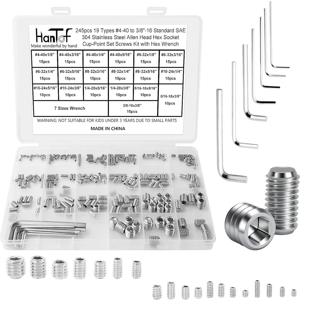 245 Pcs 19 Sizes Set Screw Assortment Kit, SAE Allen Head Grub Screws for Bathroom Fixture, 304 Stainless Steel Internal Hex Drive Cup-Point for Door Knob, Faucets (#4-40 to 3/8"-16 UNC)