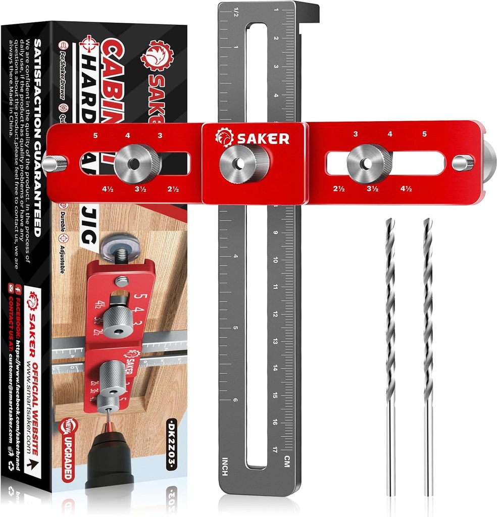Saker Cabinet Hardware Doweling Jig - Cabinet Handle Template Tool for Knobs and Pull - Adjustable Self Centering Punch Locator Precise Woodworking Drill Guide (5" Jig Saw)
