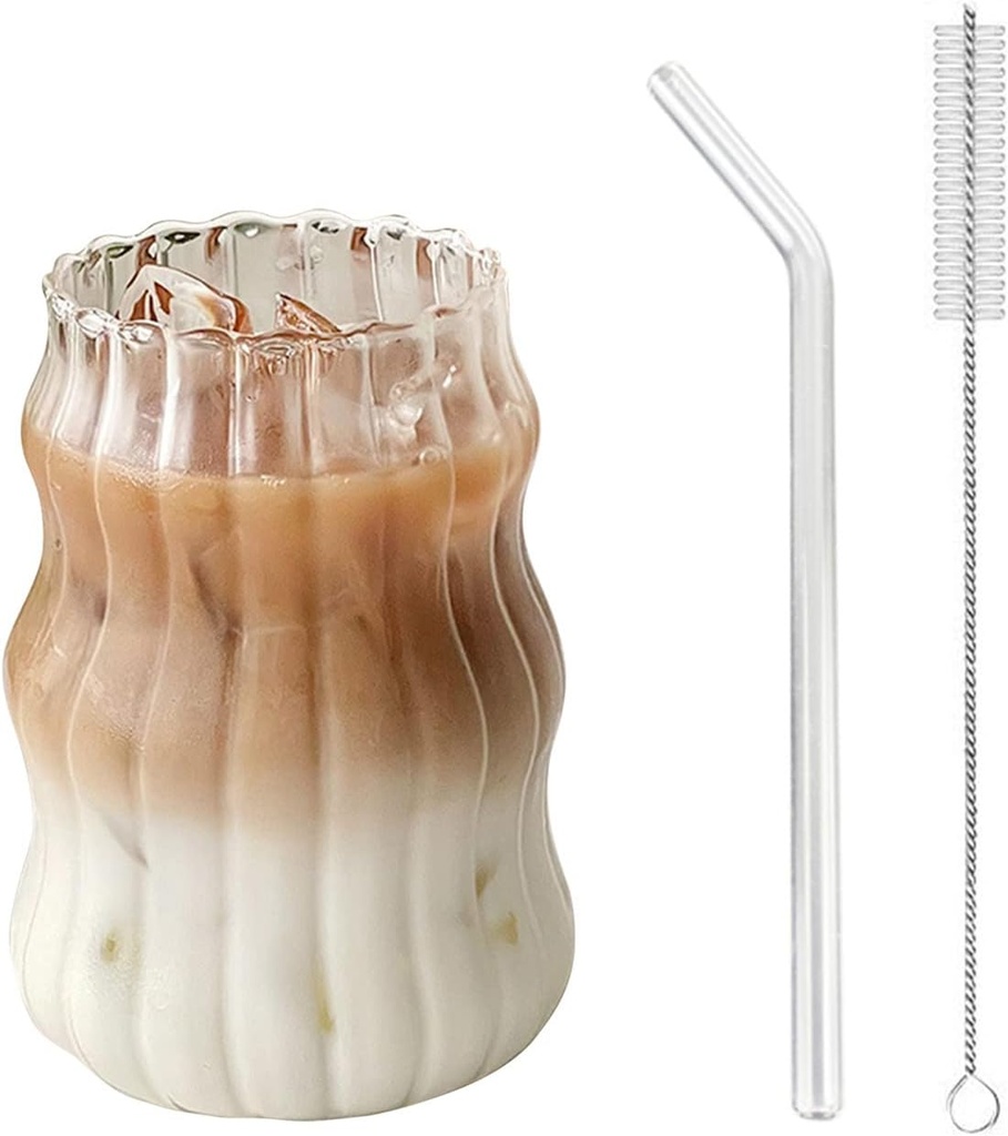 Maritown Iced Coffee Cup with Straw 18 oz Glass Clear Coffee Mug with Glass Straw and Straw Cleaner Brush Ribbed Glassware Smoothie Cup Water Glasses