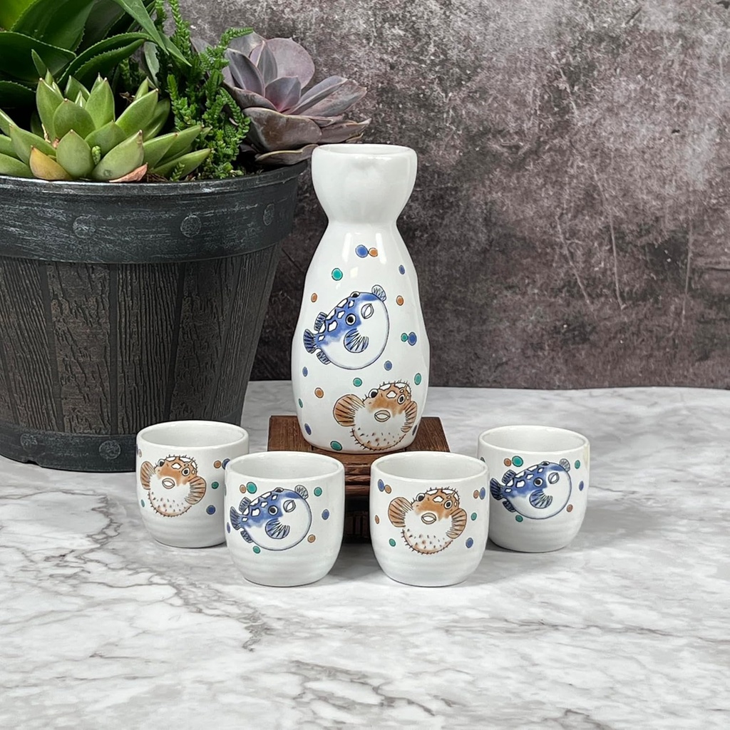 Tea Bowl Shop Cute Puff Fish Design Ceramic Sake Set Sake Bottle and Sake Cup, Shot Ceramic Cup, 5 fl oz, Microwave Safe