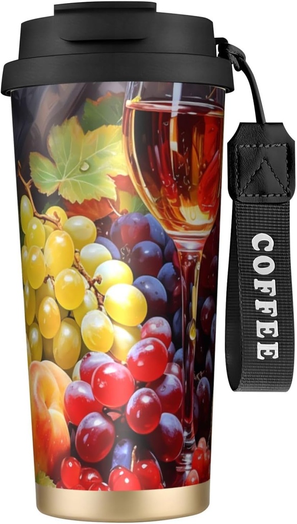 Wine Glass Double Wall Vacuum Insulated Coffee Tumbler Harvest Fruit 316 Stainless Steel Travel Mug with Handle and Straw Leakproof Coffee Cup for Tea Iced Drinks Black