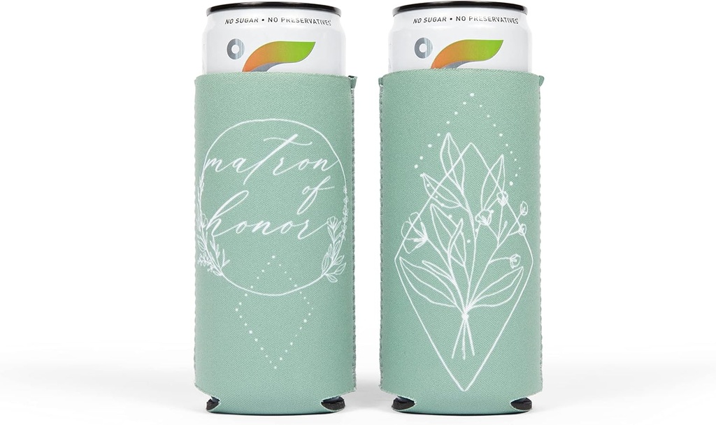 Matron of Honor Slim Can Cooler (1) - Bridesmaid Proposal & Wedding Day Gifts - Bridal Shower Decorations - Bridal Party Favors - Bachelorette Party Supplies - Floral Sage Green