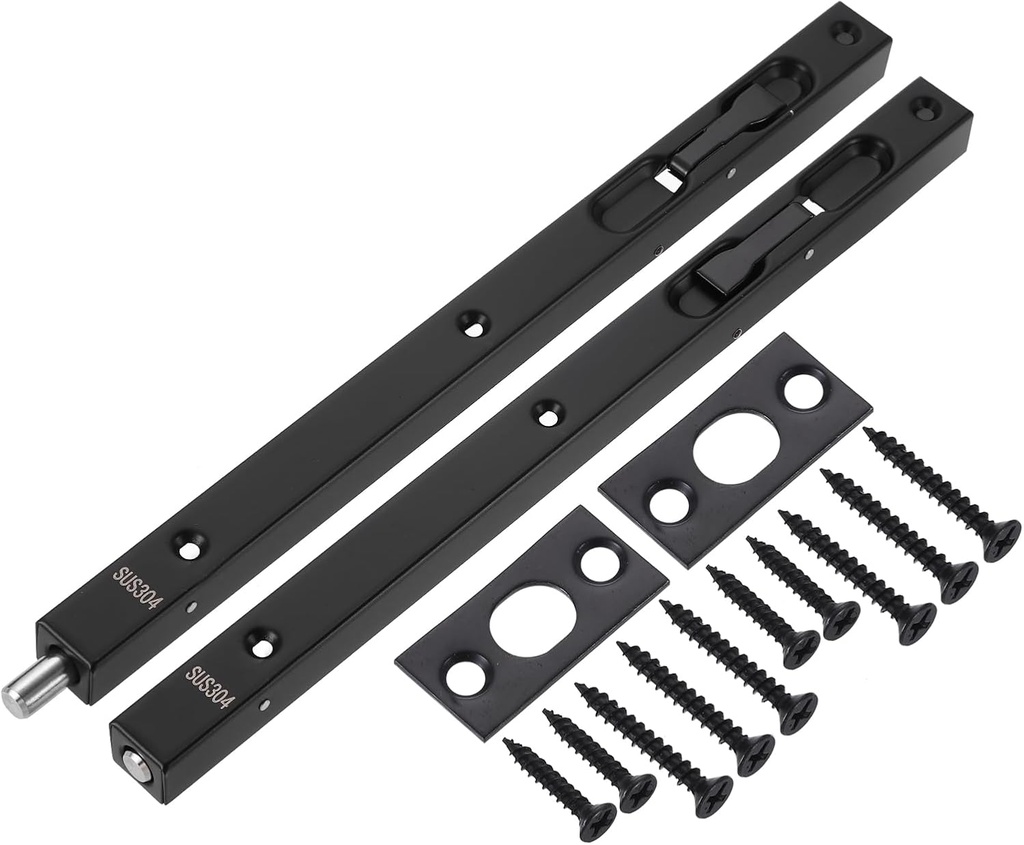 uxcell 2Pcs Door Bolts Latch 12 Inch, 304 Stainless Steel Security Door Guard Lever Action Flush Slide Lock for Inactive Leaf, Double Dummy Door, Black