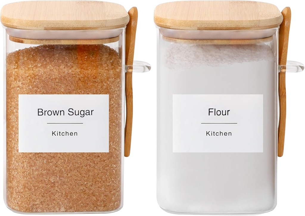 Flour and Sugar Containers - 34 oz Glass Jar with Bamboo Lid and Spoon, Sugar Holder and Canister for Countertop, Glass Containers for Coffee Beans, Tea, Flour, Nuts, Candy and Cookie (Set of 2)