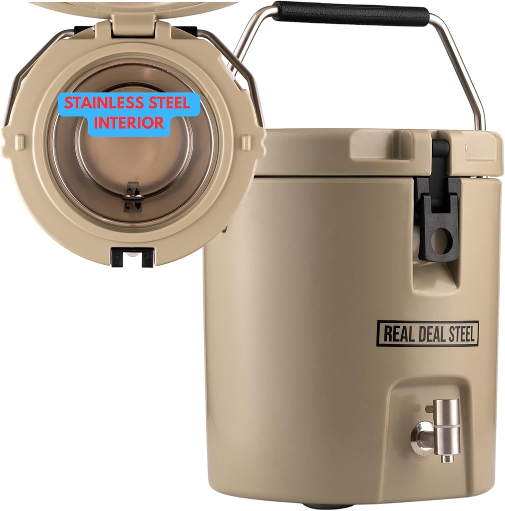 Insulated Beverage Dispenser for Hot Drinks - 2 Gallon Capacity Hot & Cold Stainless Steel Water Cooler - Portable Sports Drink Dispenser for Camping, Outdoor Events, Parties, Coffee & More - Tan