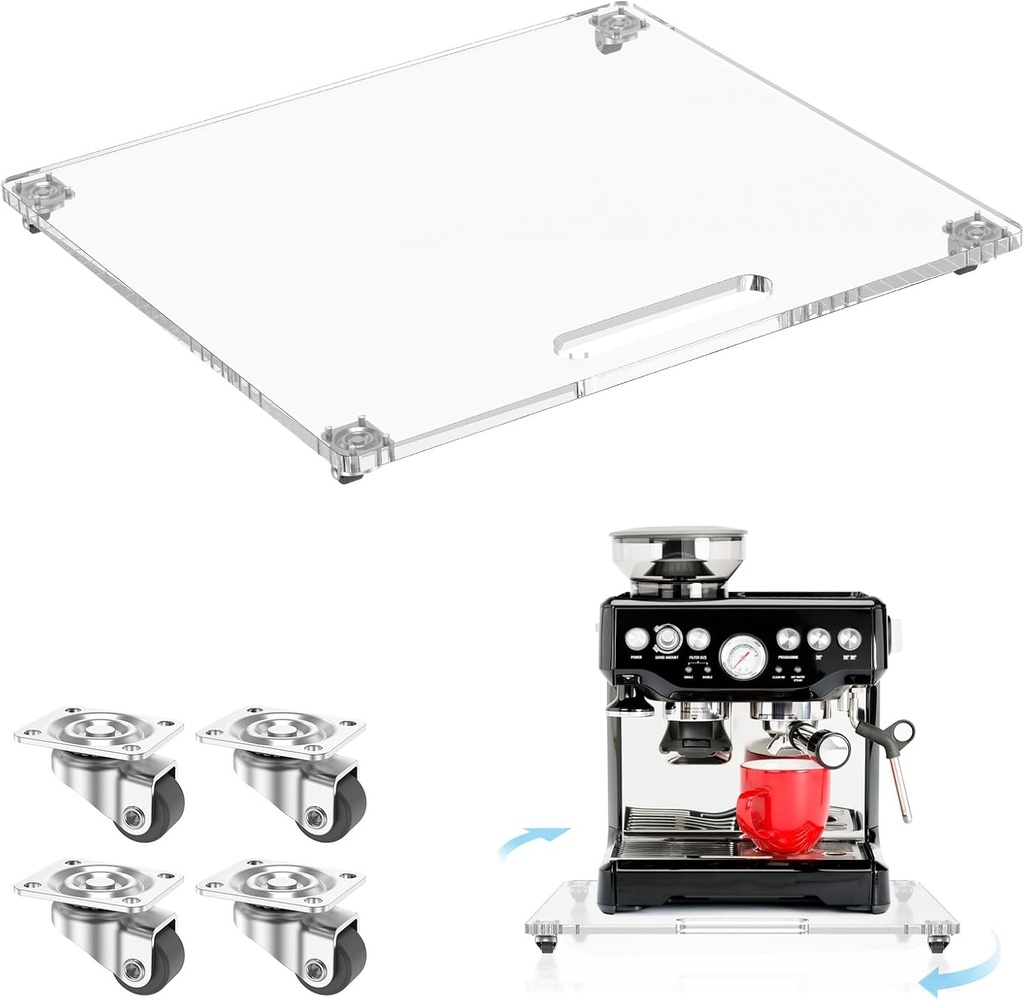360° Rolling Sliding Tray for Coffee Maker & Kitchen Appliances, 14" x 13" Acrylic Appliance Sliders with Silent Rubber Wheels, Coffee Maker Slider Tray for Countertop Moving