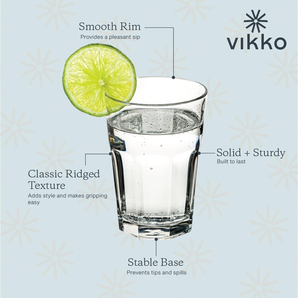 Vikko Drinking Glasses, 11.5 Ounce Glass Cups, Durable Glasses Drinking Set of 12, Stackable Water Glasses, Highball Glasses, Heavy Base Tumblers & Water Glasses, Dishwasher Safe Cups for Kitchen
