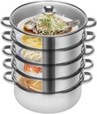 5 Tier Steamer Pot, Kitchen Food-Grade stainless steel Stainless Steel Steamer Cooker, Steam Pot Food Cooking + Glass lid for Cooking Veggies Fish Seafood Noodles, Pasta, Food