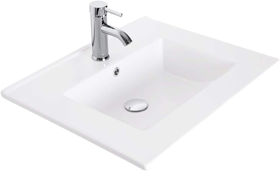 24" Rectangle Drop In White Bathroom Ceramic Sink Porcelain Top With Overflow Faucet Chrome 1.5 GPM Pop Up Drain Water Supply Lines (BT-A08)