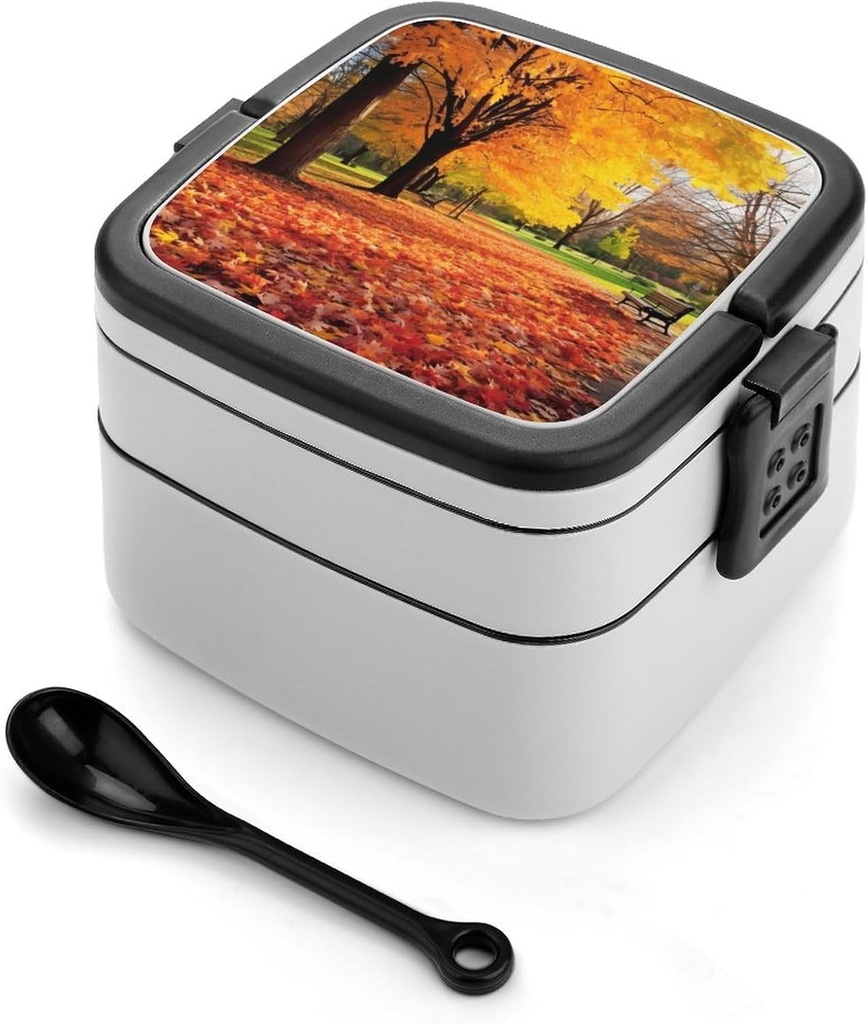 Beautiful Colorful Autumn Park Bento Box Adult Lunch Box All-in-One Lunch Containers with Removable Compartments Double Layer Bento Lunch Box with Spoon And Handle Stackable Lunchbox