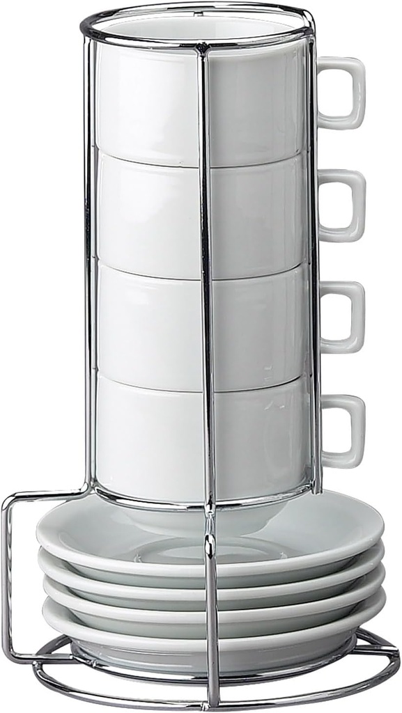 HIC Kitchen Stackable Espresso Coffee Set, Fine Porcelain, 9-Piece Set, 4-Ounce Service for 4 Plus Storage Stand