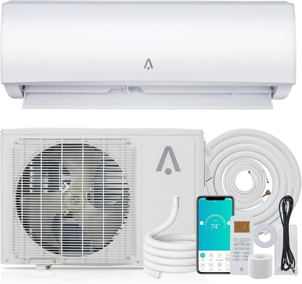 9000 BTU Mini Split Air Conditioner Cooling ＆ Heating System 208/230V SEER 19 Wall-Mounted Ductless Energy Efficient Inverter WIFI Remote Control AC Unit Heat Pump with 16.4ft Installation Kit