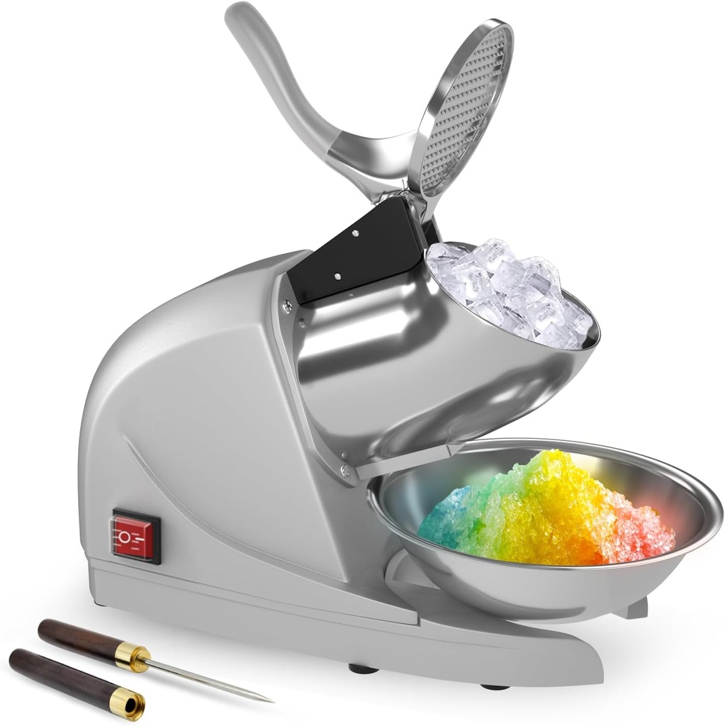 Shaved Ice Machine 380w Snow Cone Machine 3 Stainless Steel Blades Ice Shaver Machine Electric Ice Crusher 280lbs/hr Snow Cone Maker for Home and Commercial with Ice Pick(Silver)