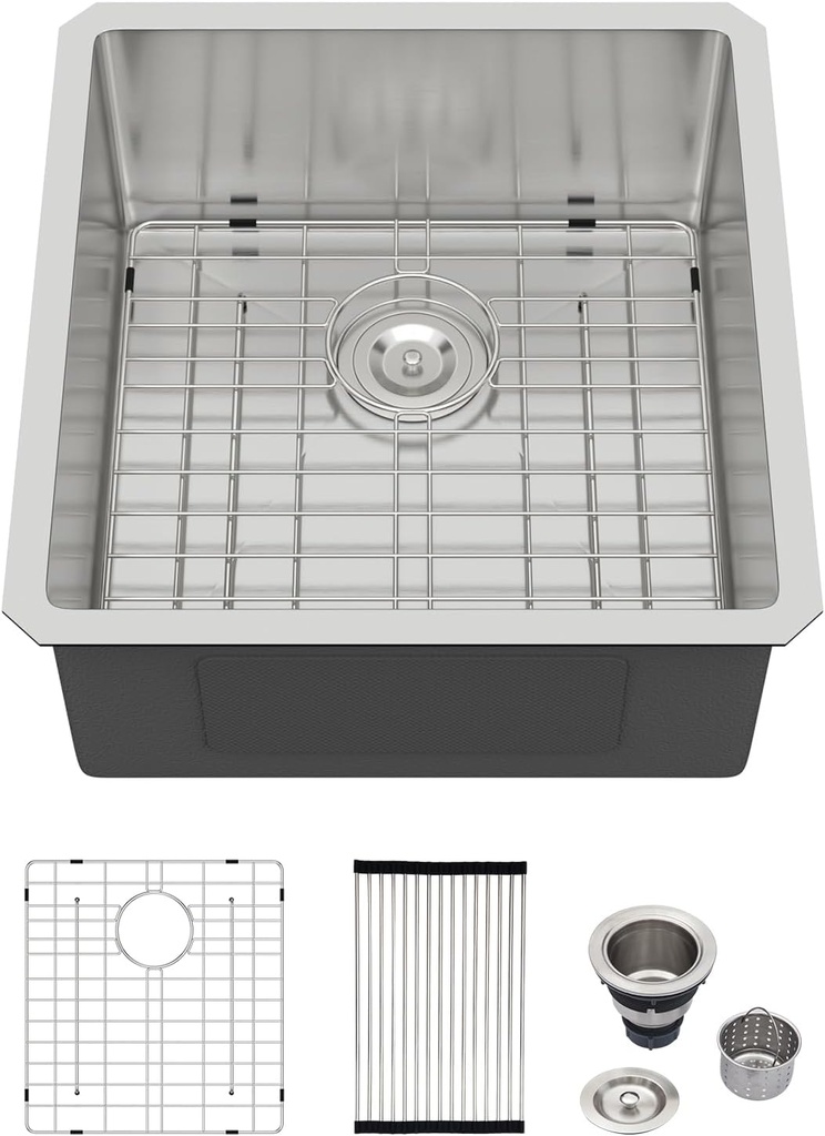 Logmey 17 Inch Bar Sink Undermount 17x19 Small Bar Sink Stainless Steel Kitchen Sinks 16 Gauge Handmade Bar Prep Sinks 17x19x9 Inches RV Single Bowl Sink