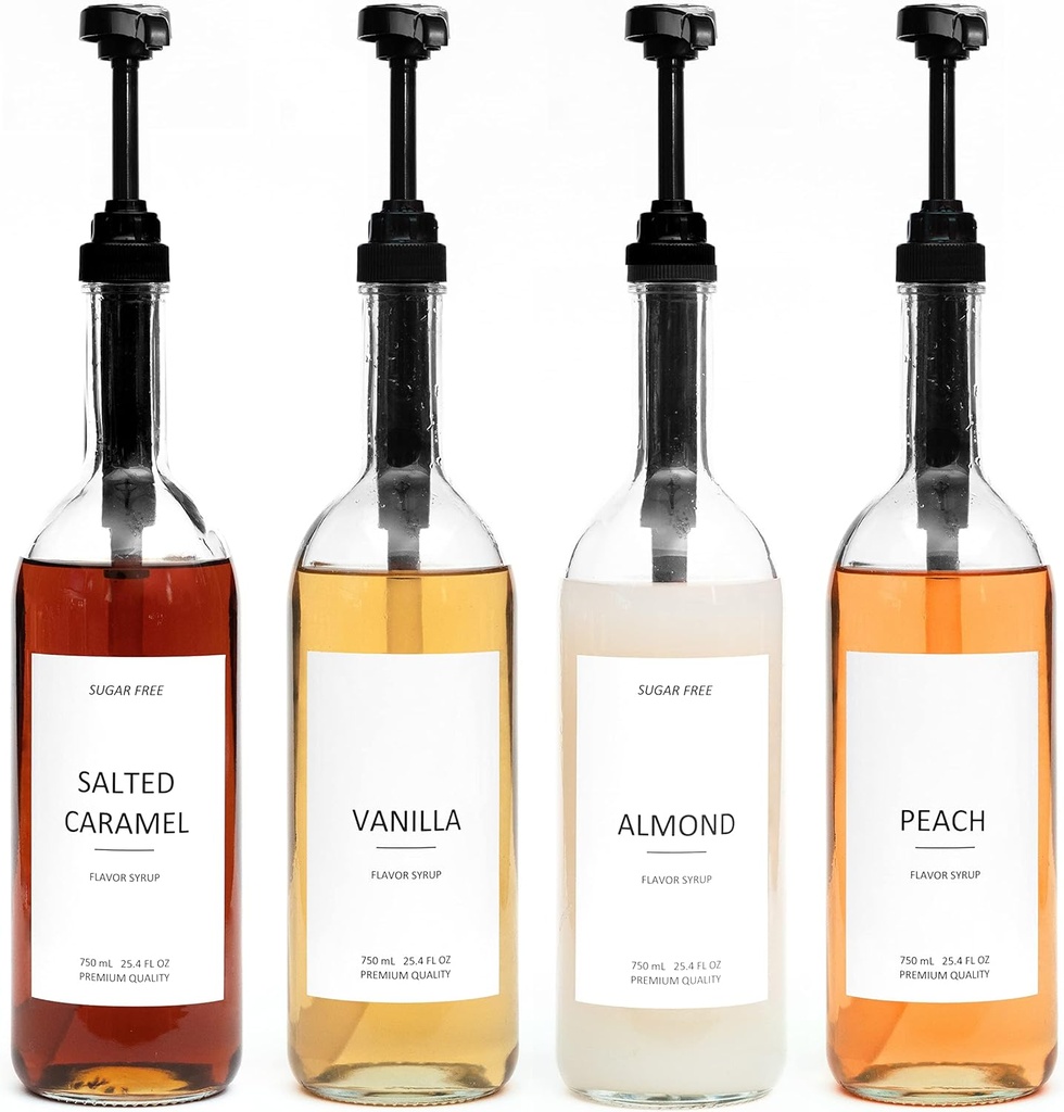 Demi's Home 25.4 oz 750 ml Glass Coffee Syrup Dispenser for Coffee Bar - 4 Pack - Comprehensive Label Set & ¼ oz Pumps Included