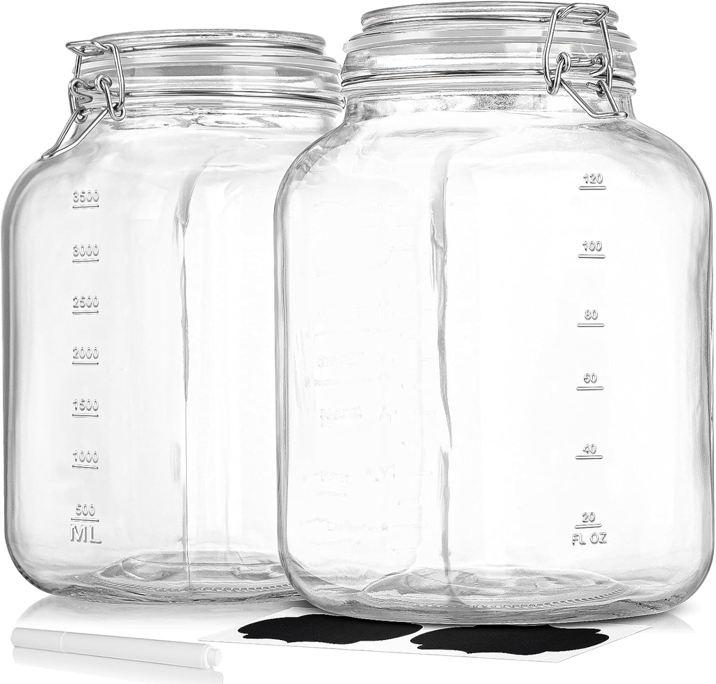 2 Pack 1 Gallon Square Super Wide-Mouth Glass Jars with Airtight Lids - Glass Storage Jars with 2 Measurement Mark - Canning Jars with Large Capacity, Sturdy For Canning, Overnight Oats, 4200 ML