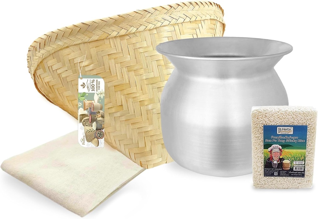 Sticky Rice Essential Starter Set - Includes Steamer Pot, Handcrafted Bamboo Wing Basket, 24” Grade 90 Cheesecloth, & 500 g. Sanpatong Sticky Rice