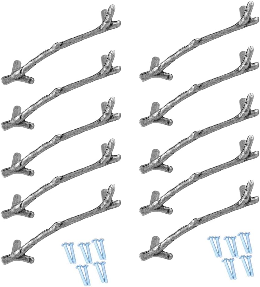 AchNau 10x Cabinet Handle Pulls Wardrobe Drawer Door Cupboard Knobs Twig Hole Center 5" Silver