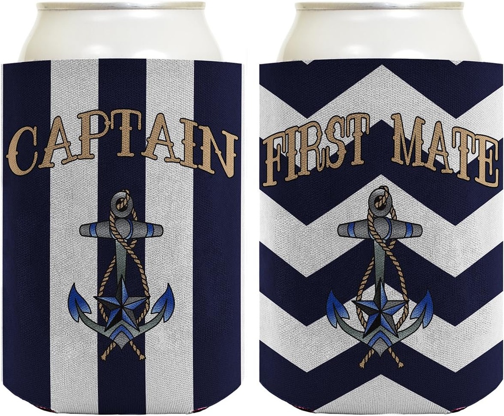Boating Gift Captain and First Mate 2 Pack Nautical Striped Anchor Can Coolies