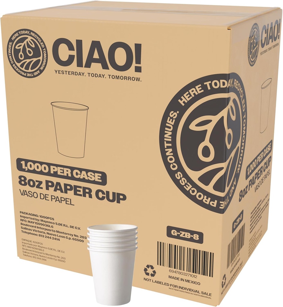 CIAO! 8oz White Paper Hot Cup, Disposable, 80mm Diameter 1,000 Count