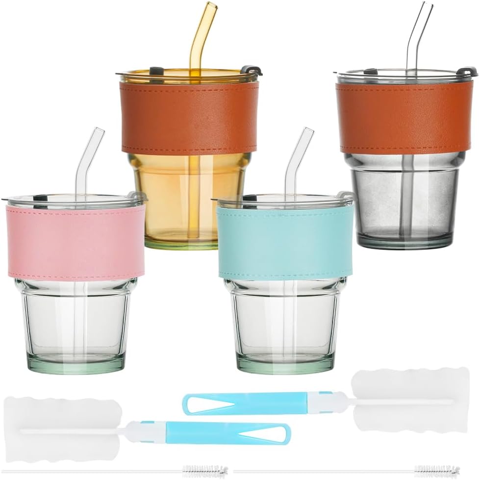 4PCS Glass Tumblers with Lid Straw Leather Sleeve, 12.8oz Reusable Iced Coffee Cup, Thick Wall Wide Mouth Travel Glass Mug, Hot & Cold Drinking Water Glasses for Tea Juice Smoothie (Clear)