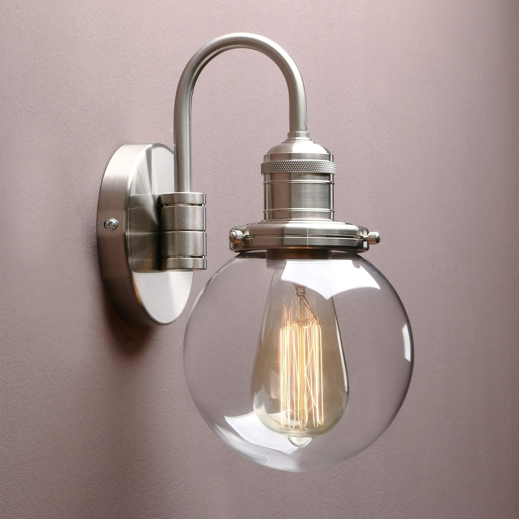 Yosoan 1-Light Vintage Industrial Fixture Light, 5.9'' Round Globe Clear Glass Shade with Elegant Gooseneck Curved Rod Hardwired Wall Sconce for Bathroom Porch Kitchen Living Room Hotel Foyer(Brushed)