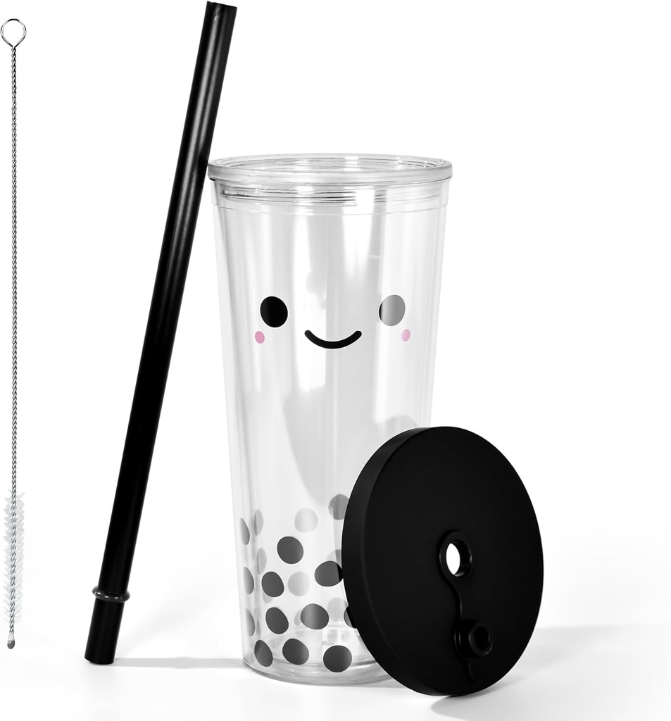 sweet grain Boba Cup, 24 oz Smile Iced Coffee Cup, Leak Proof and Double Wall Bubble Tea Cup, Mothers Day, Birthday Gift for Women Friend Sister Her Coffee Lover (Black)