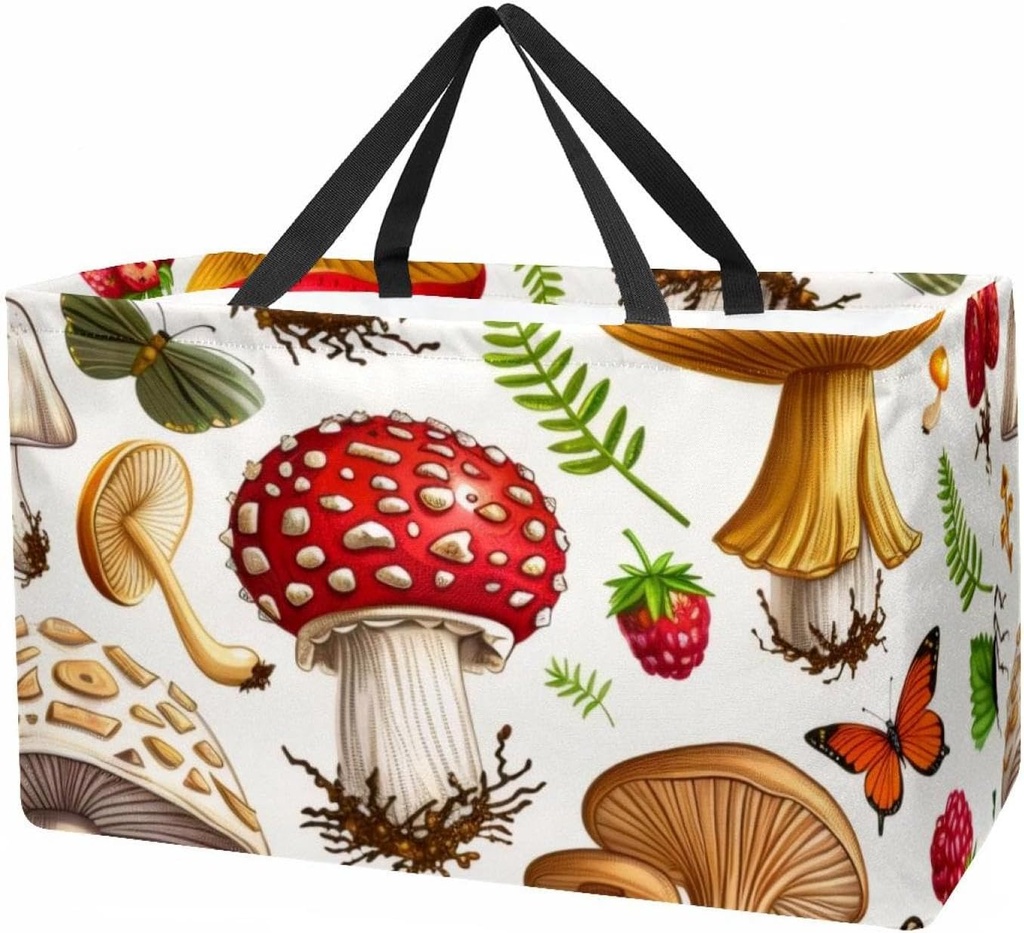 Reusable Grocery Bag Heavy Duty Shopping Tote Bag Foldable with Reinforced Handle, Mushrooms Plants Strawberry Butterflies Seamless Pattern