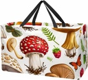 Reusable Grocery Bag Heavy Duty Shopping Tote Bag Foldable with Reinforced Handle, Mushrooms Plants Strawberry Butterflies Seamless Pattern