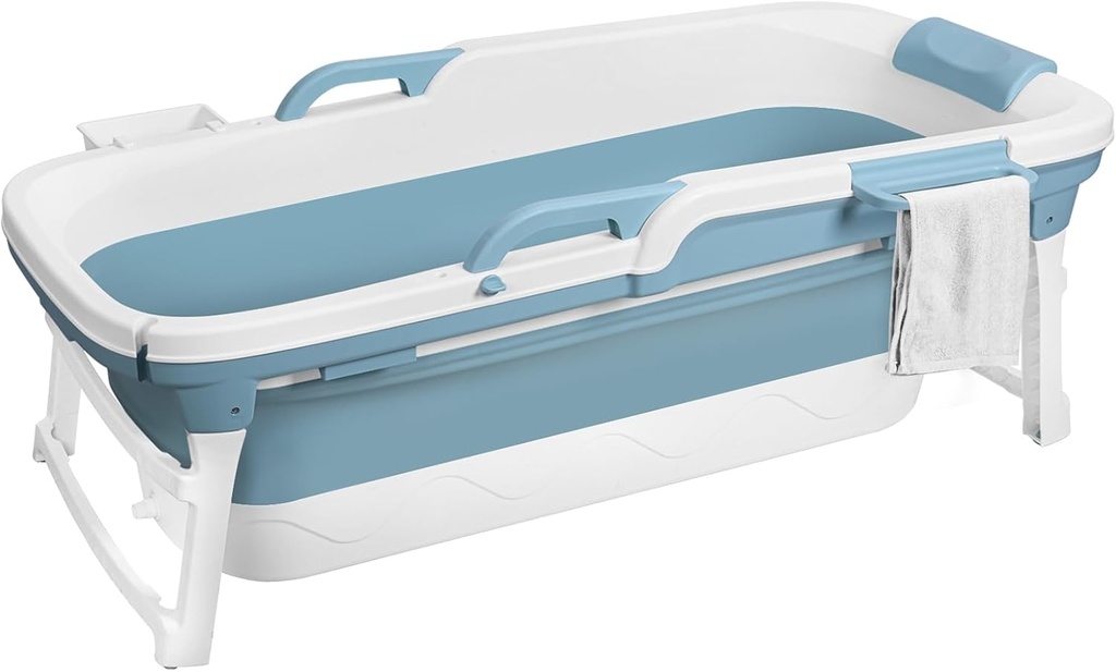 Foldable Bathtub for Adults, 55 inch Large Portable Bath tub with Storage Basket, Freestanding Surround Collapsible Bathtub, No Lid, Hot Bath, Ice Bath Blue 130 cm