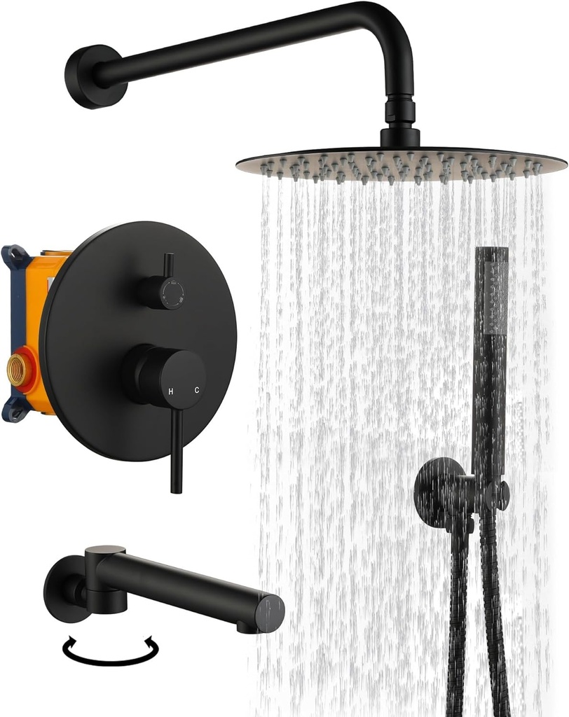 Boyel Living Shower Faucet Set with Tub Spout 10 Inches Round Rain Shower Head, Matte Black 3-Function Wall Mount High Pressure Bath Tub Faucet Set with Rough-in Valve