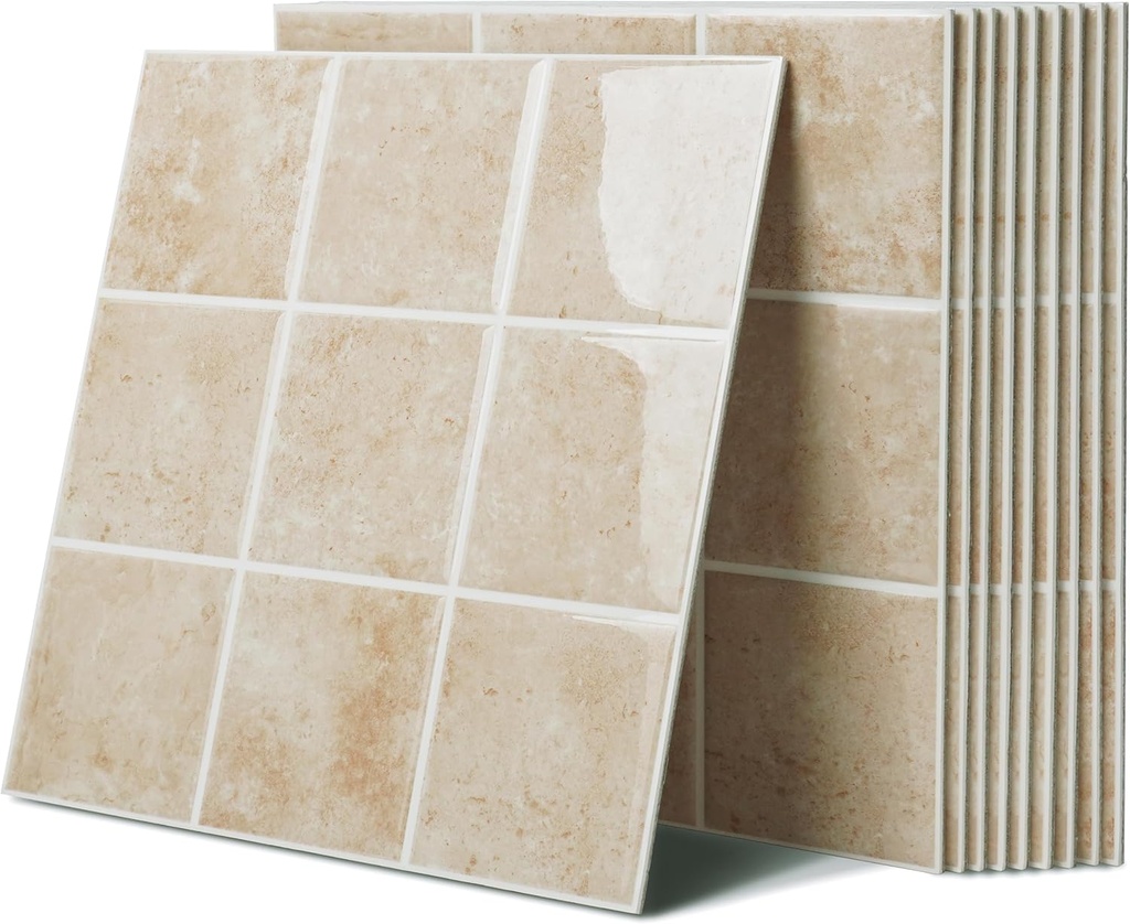 3D Glossy Peel and Stick Wall Tiles - 10 Pcs 11.61'' x 11.61'' Waterproof PVC Square Self-Adhesive Backsplash for Kitchen, Bedroom, Living Room, Bathroom, RV, Easy DIY, Beige Granite