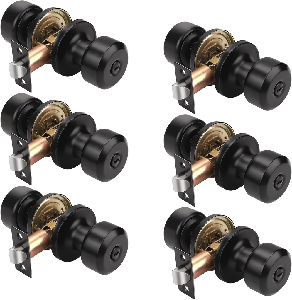 KNOBWELL 6 Pack Matte Black Interior Privacy Door Knob, Keyless Bedroom Bathroom Door Knobs with Lock
