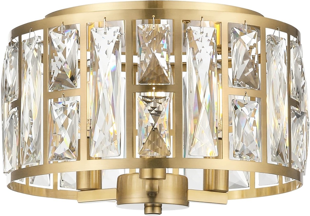 Crystal Gold Flush Mount Ceiling Light, 12 Inch Hallway Light Fixtures, 3 Light Modern Round Chandelier for Bedroom, Bathroom, Kitchen, Closet, Foyer, Entryway